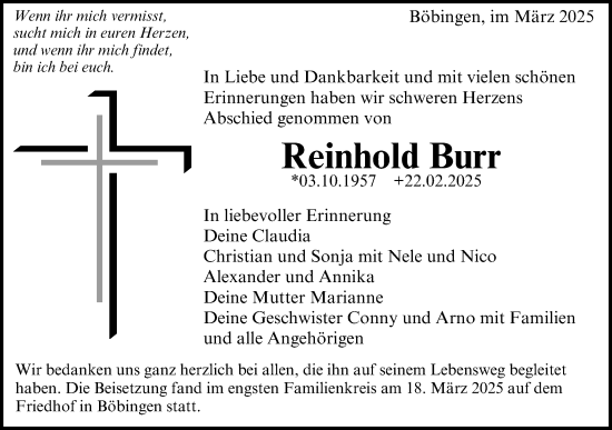 Traueranzeige von Reinhold Burr von Gmünder Tagespost