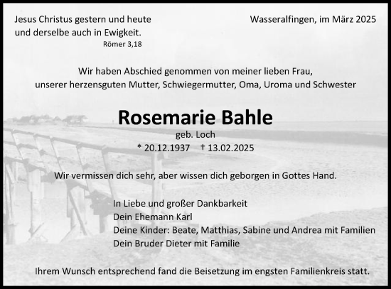 Traueranzeige von Rosemarie Bahle von Schwäbische Post