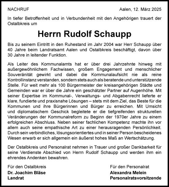 Traueranzeige von Rudolf Schaupp von Schwäbische Post