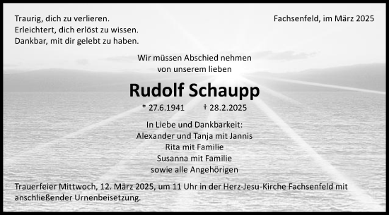 Traueranzeige von Rudolf Schaupp von Schwäbische Post