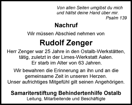 Traueranzeige von Rudolf Zenger von Schwäbische Post