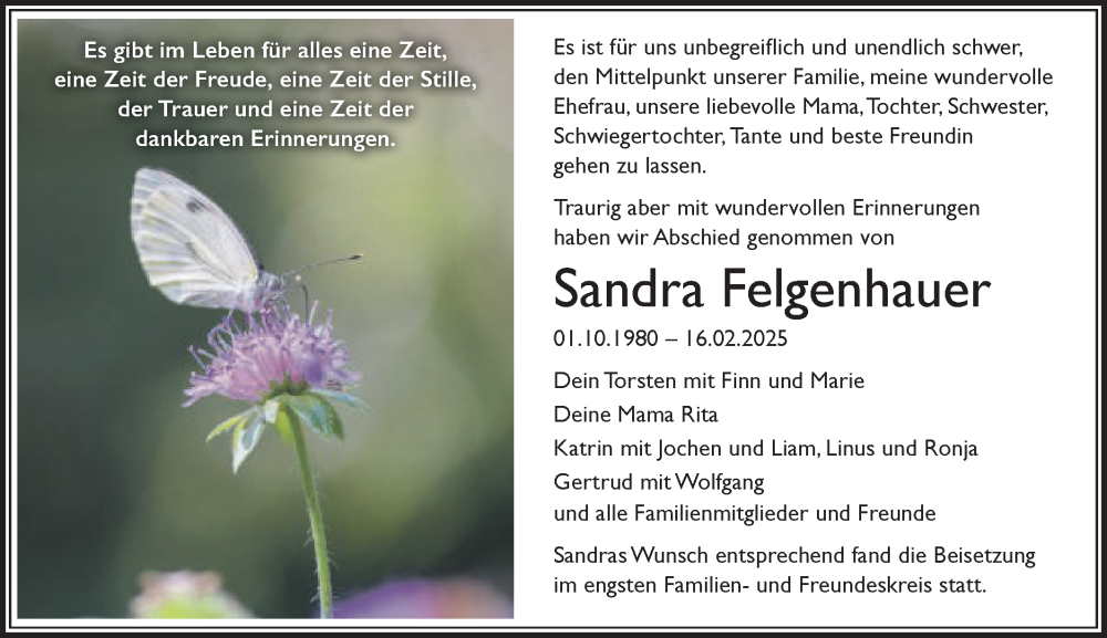  Traueranzeige für Sandra Felgenhauer vom 11.03.2025 aus Schwäbische Post