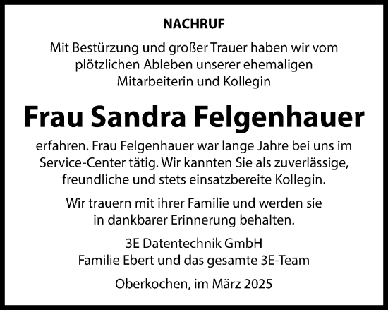 Traueranzeige von Sandra Felgenhauer von Schwäbische Post