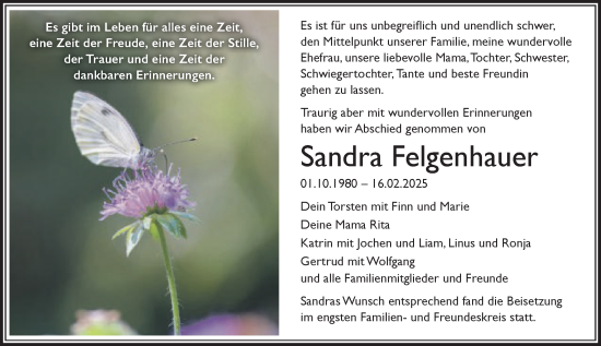 Traueranzeige von Sandra Felgenhauer von Schwäbische Post
