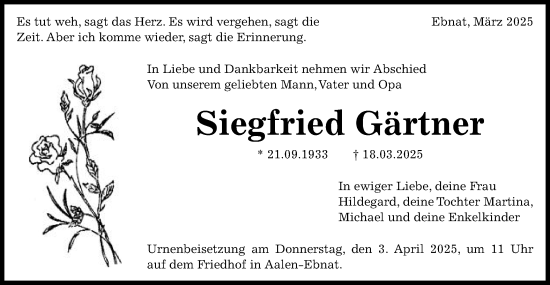 Traueranzeige von Siegfried Gärtner von Schwäbische Post