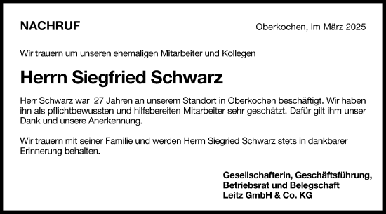 Traueranzeige von Siegfried Schwarz von Schwäbische Post