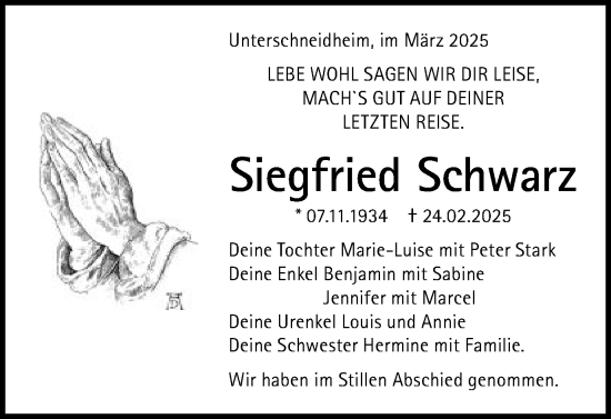 Traueranzeige von Siegfried Schwarz von Schwäbische Post