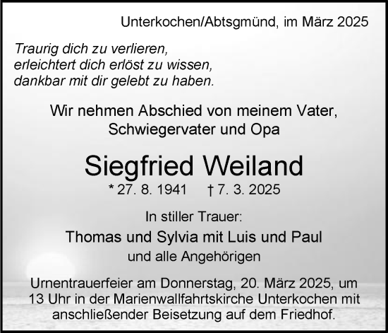 Traueranzeige von Siegfried Weiland von Schwäbische Post