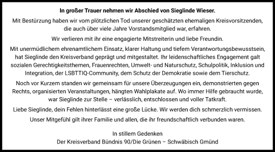 Traueranzeige von Sieglinde Wieser von Gmünder Tagespost