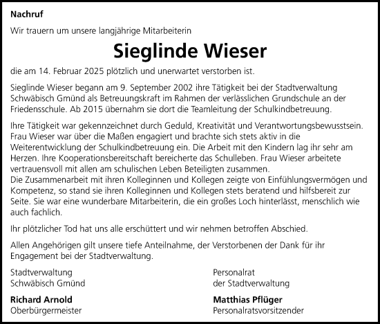 Traueranzeige von Sieglinde Wieser von Gmünder Tagespost