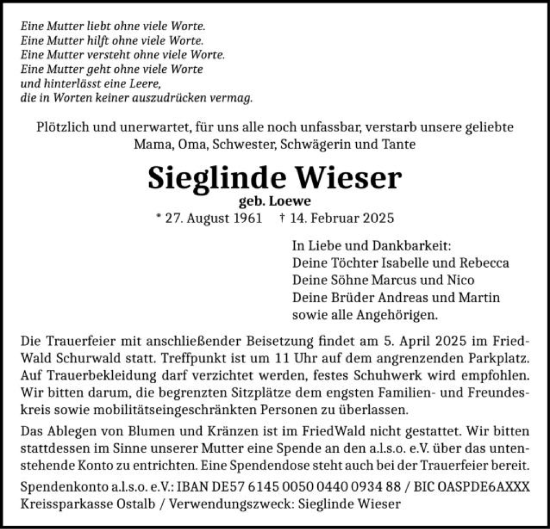 Traueranzeige von Sieglinde Wieser von Gmünder Tagespost