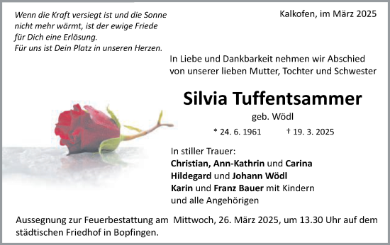 Traueranzeige von Silvia Tuffentsammer von Schwäbische Post