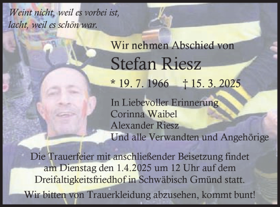 Traueranzeige von Stefan Riesz von Gmünder Tagespost