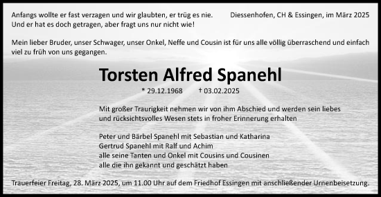 Traueranzeige von Torsten Alfred Spanehl von Schwäbische Post