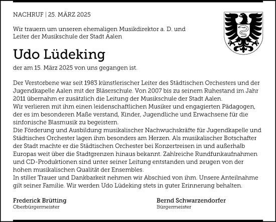 Traueranzeige von Udo Lüdeking von Schwäbische Post