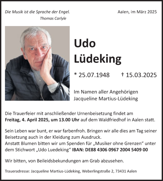 Traueranzeige von Udo Lüdeking von Schwäbische Post