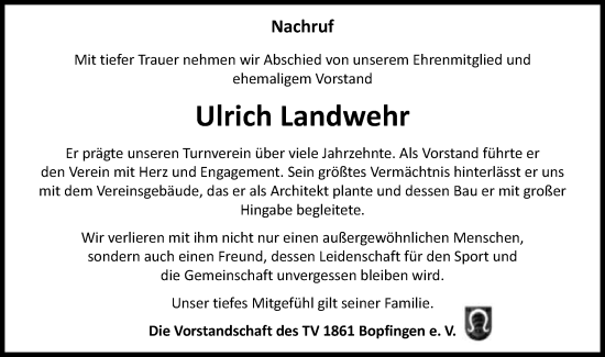 Traueranzeige von Ulrich Landwehr von Schwäbische Post