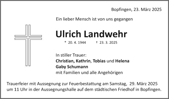 Traueranzeige von Ulrich Landwehr von Schwäbische Post