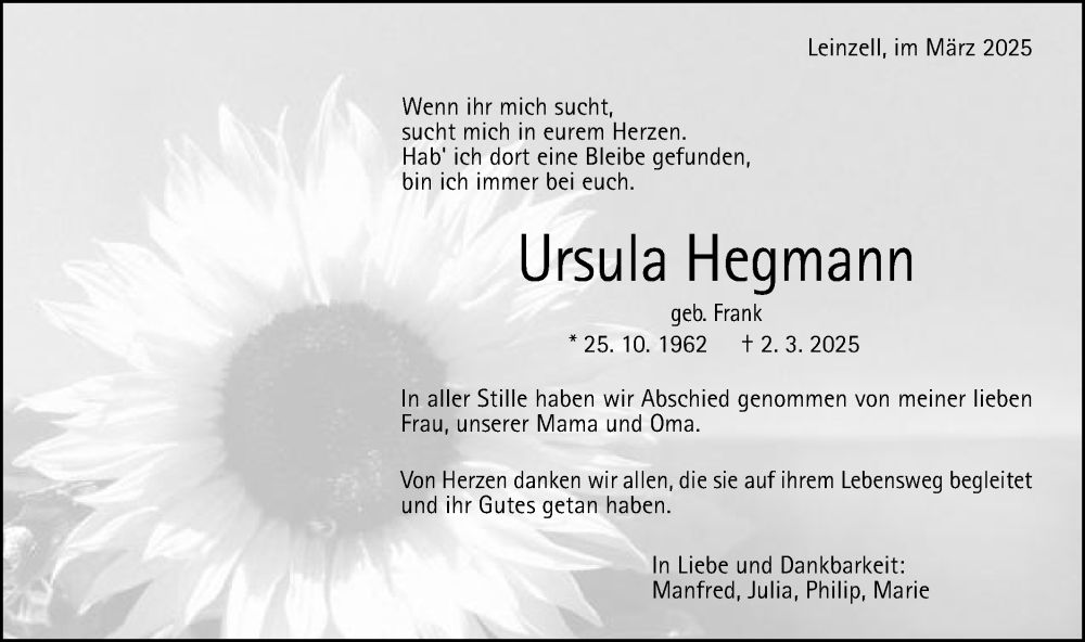  Traueranzeige für Ursula Hegmann vom 22.03.2025 aus Gmünder Tagespost