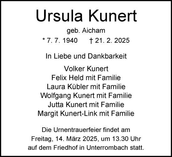 Traueranzeige von Ursula Kunert von Schwäbische Post