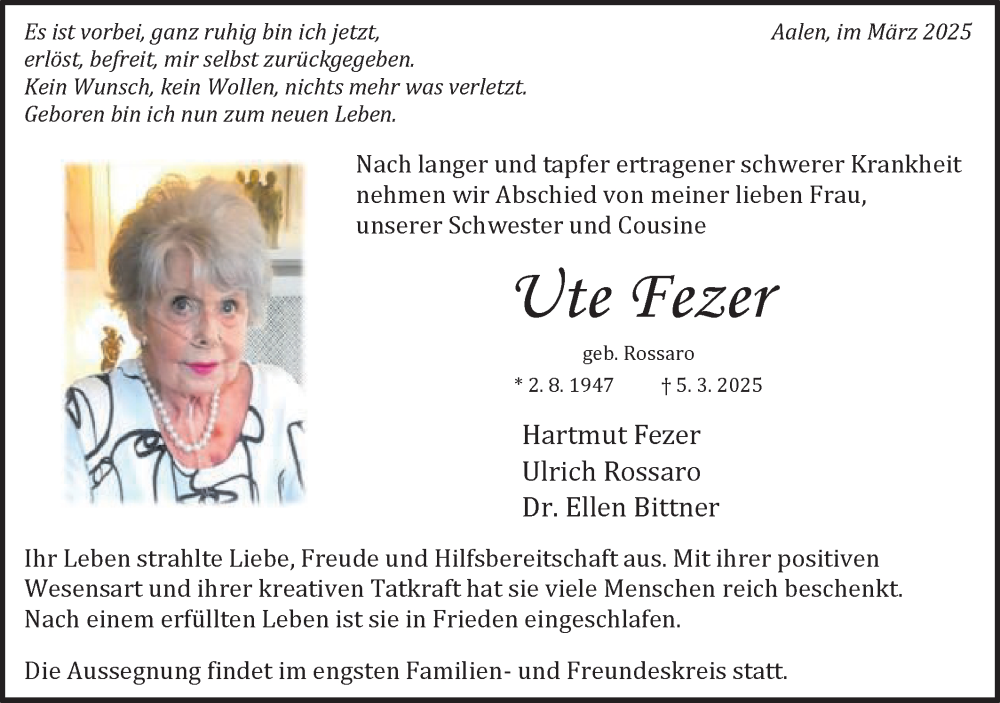  Traueranzeige für Ute Fezer vom 10.03.2025 aus Schwäbische Post