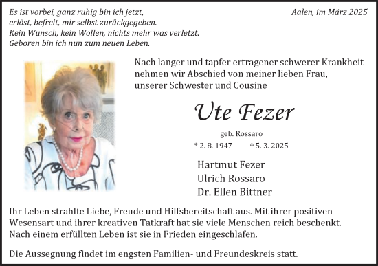 Traueranzeige von Ute Fezer von Schwäbische Post