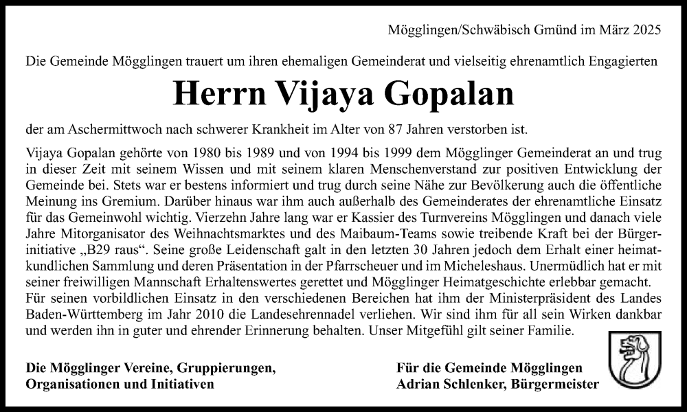  Traueranzeige für Vijaya Gopalan vom 14.03.2025 aus Gmünder Tagespost
