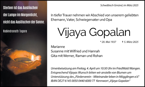 Traueranzeige von Vijaya Gopalan von Gmünder Tagespost