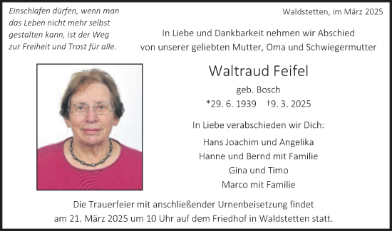 Traueranzeige von Waltraud Feifel von Gmünder Tagespost