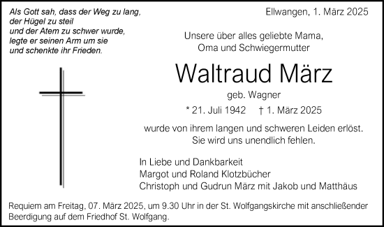 Traueranzeige von Waltraud März von Schwäbische Post