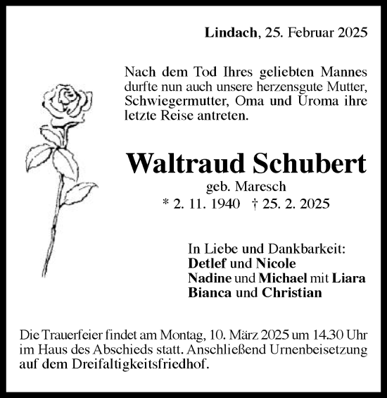 Traueranzeige von Waltraud Schubert von Gmünder Tagespost