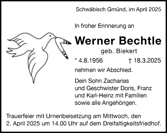 Traueranzeige von Werner Bechtle von Gmünder Tagespost