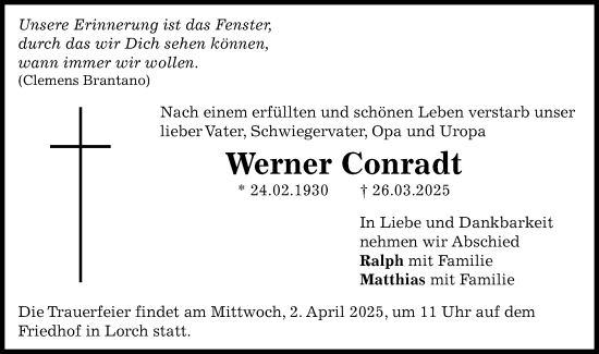 Traueranzeige von Werner Conradt von Gmünder Tagespost