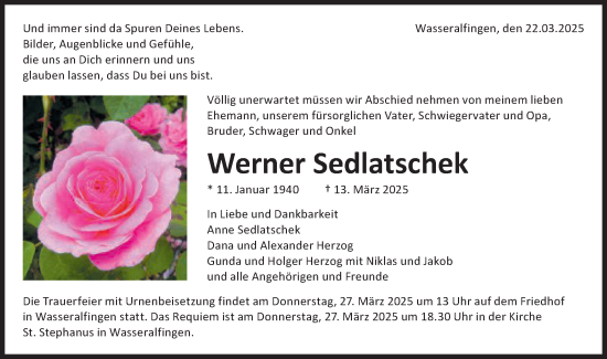 Traueranzeige von Werner Sedlatschek von Schwäbische Post