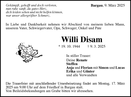 Traueranzeige von Willi Disam von Gmünder Tagespost