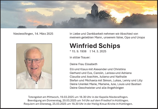 Traueranzeige von Winfried Schips von Schwäbische Post