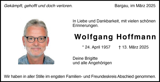 Traueranzeige von Wolfgang Hoffmann von Gmünder Tagespost