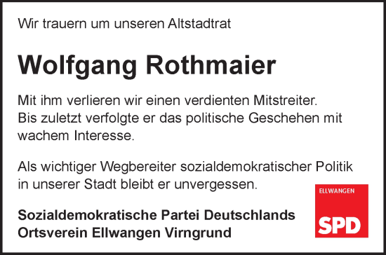 Traueranzeige von Wolfgang Rothmaier von Schwäbische Post