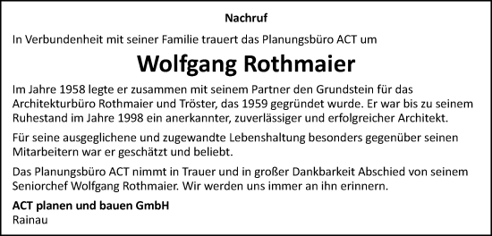 Traueranzeige von Wolfgang Rothmaier von Schwäbische Post
