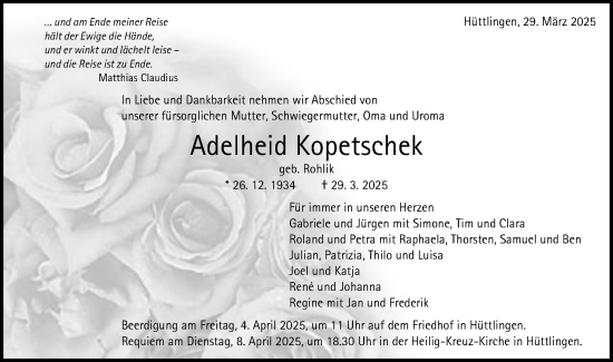 Traueranzeige von Adelheid Kopetschek von Schwäbische Post