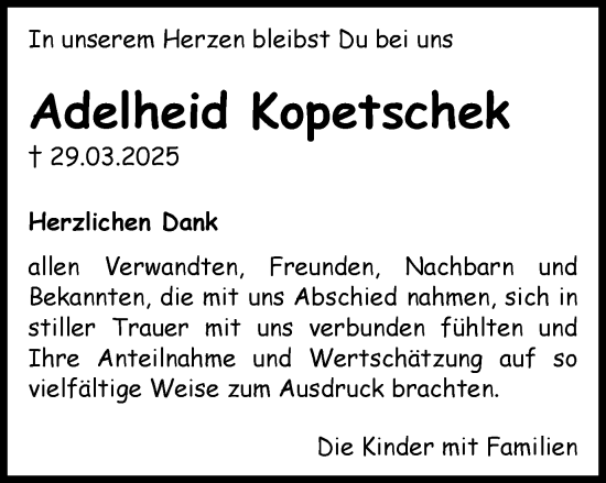 Traueranzeige von Adelheid Kopetschek von Schwäbische Post