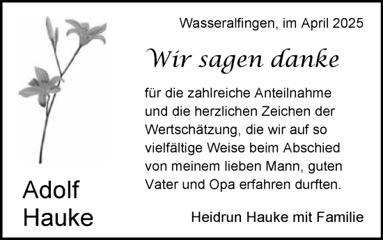 Traueranzeige von Adolf Hauke von Schwäbische Post
