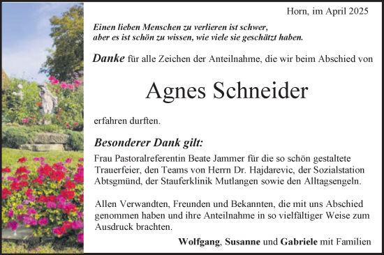Traueranzeige von Agnes Schneider von Gmünder Tagespost