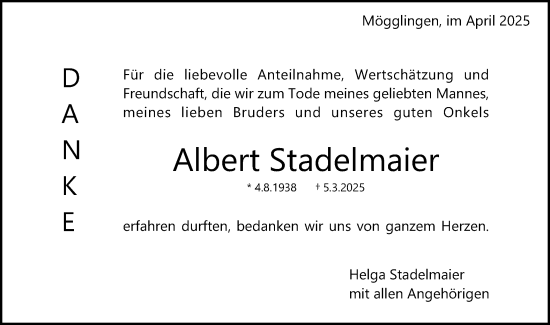 Traueranzeige von Albert Stadelmaier von Gmünder Tagespost