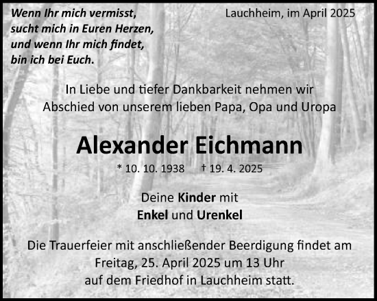 Traueranzeige von Alexander Eichmann von Schwäbische Post