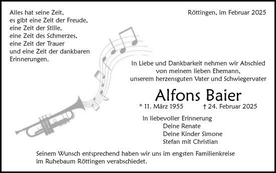 Traueranzeige von Alfons Baier von Schwäbische Post