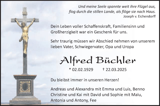 Traueranzeige von Alfred Büchler von Schwäbische Post