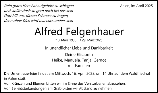 Traueranzeige von Alfred Felgenhauer von Schwäbische Post