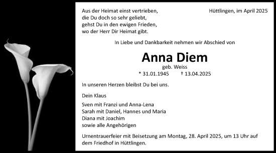 Traueranzeige von Anna Diem von Schwäbische Post