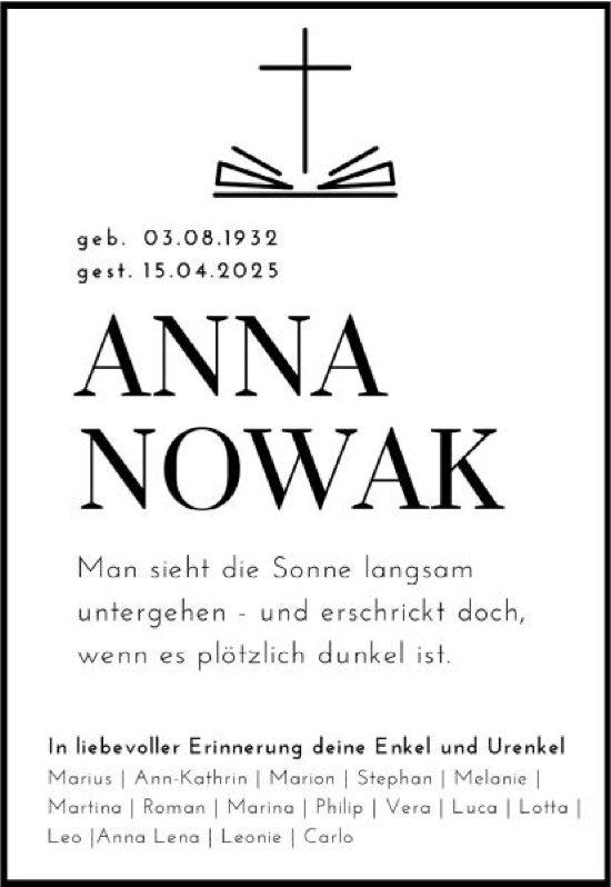 Traueranzeige von Anna Nowak von Schwäbische Post